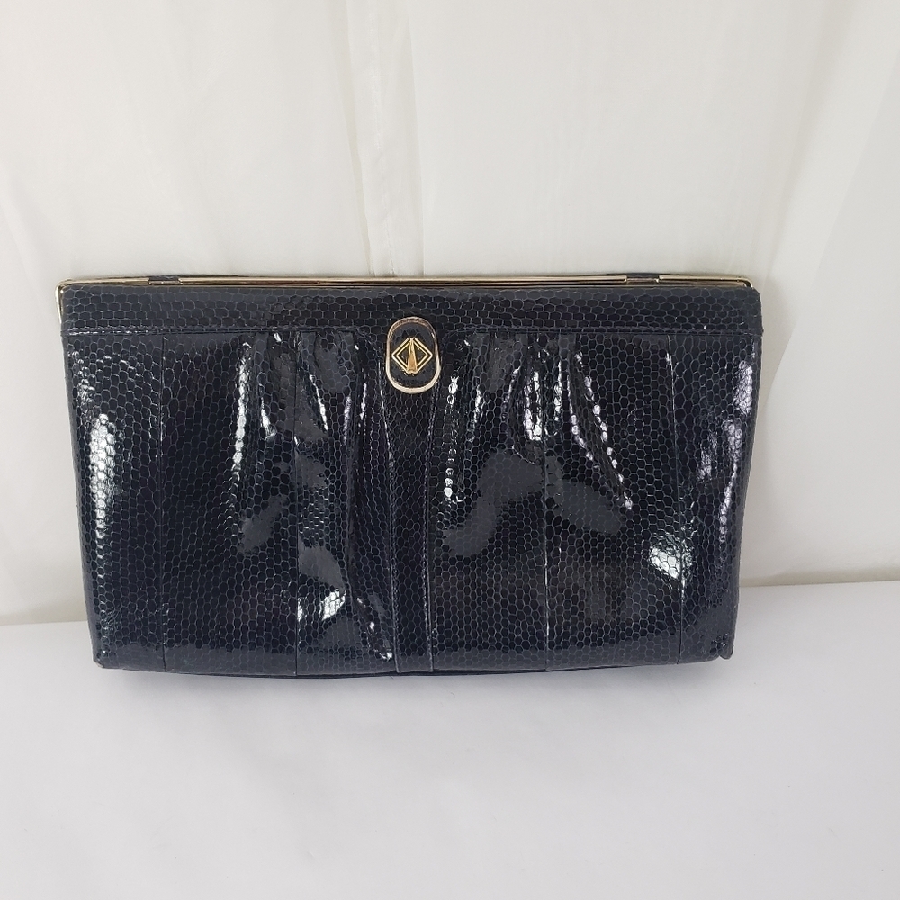 Vintage Koret dark navy reptile texture hinged convertible clutch/shoulder bag
